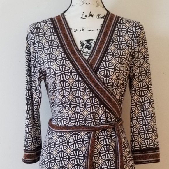 Faux Wrap Tan Brown White Tribal Print Dress - Picture 2 of 8